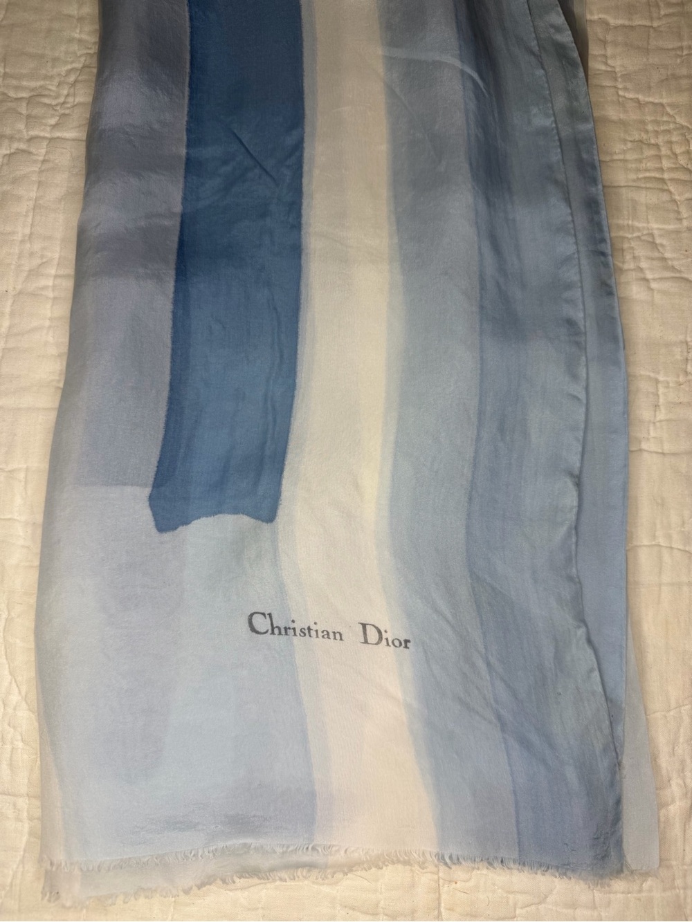 VTG Dior Silk Oblong Scarf Abstract Block Stripe Ice Blue Cream Minimalist - Picture 15 of 16